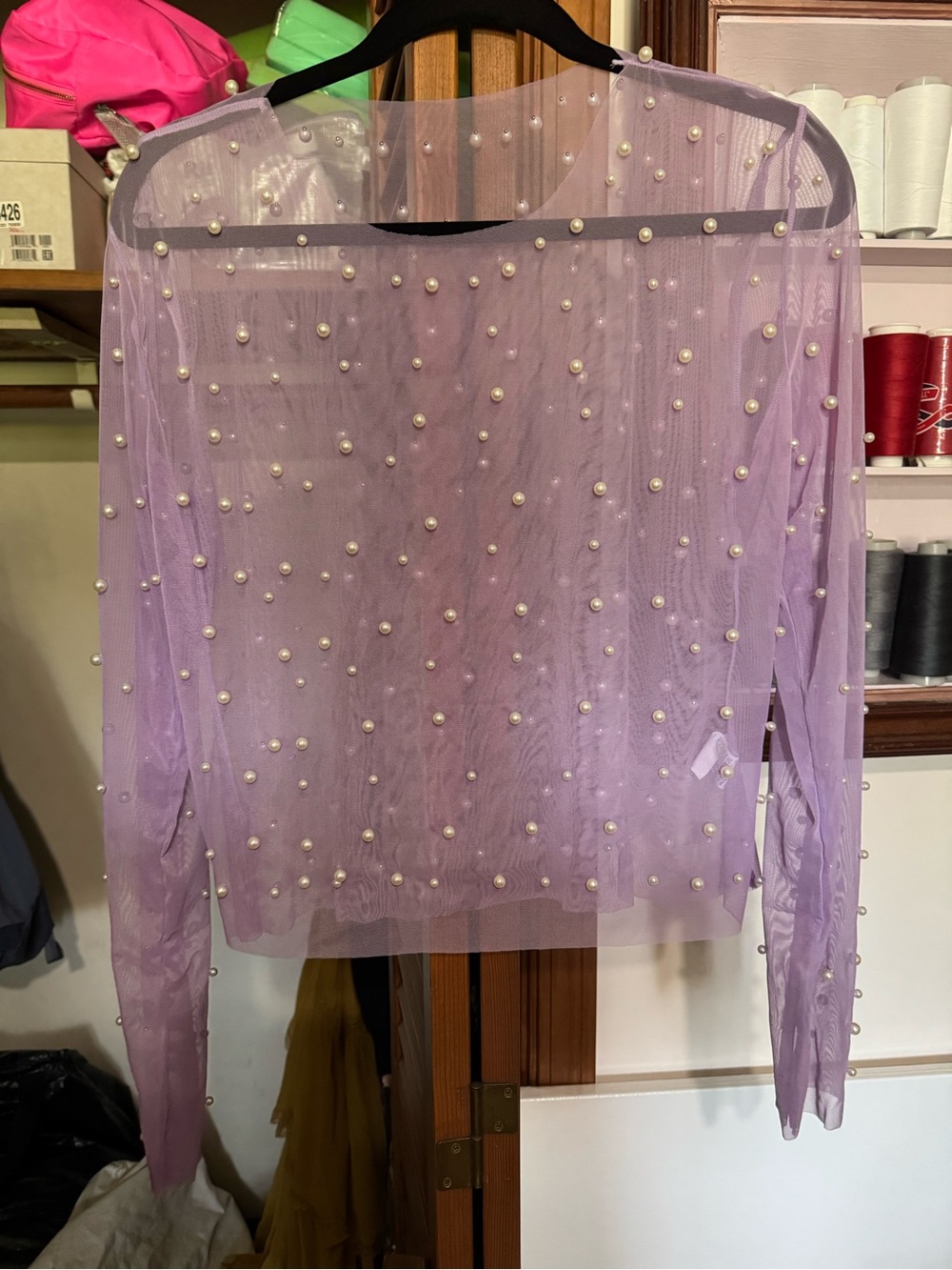 Sheer Pearl-Embellished Lavender Mesh Long-Sleeve Top